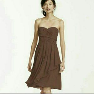David's Bridal Short Crinkle Chiffon Brown Dress with Front Cascade Size 10